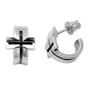 Sterling Silver Cross Stud Earrings - Cross jewelry - half hoop